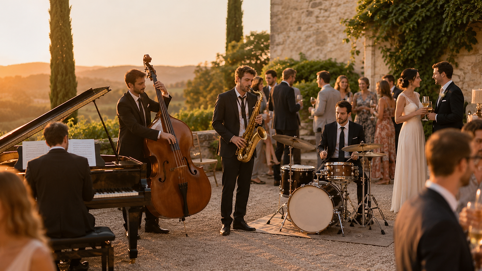 Quartet jazz jouant pendant le cocktail d’un mariage dans un domaine provençal