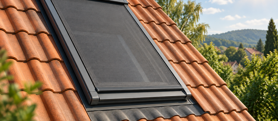 Illustration extérieure d’une fenêtre de toit équipée d’un store solaire déployé sur une couverture en tuiles.