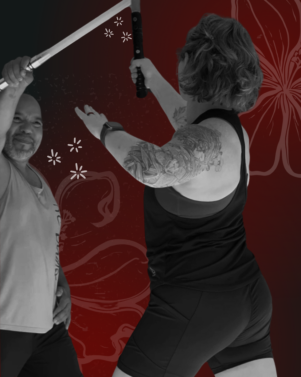 Two adults practicing stick fighting martial arts in a dynamic training pose. One person holds a light saber weapon overhead while the other blocks, both engaged in focused movement. The black-and-white figures are set against a red and black floral background with illustrated blossoms and petals, symbolizing strength and growth in North Carolina.