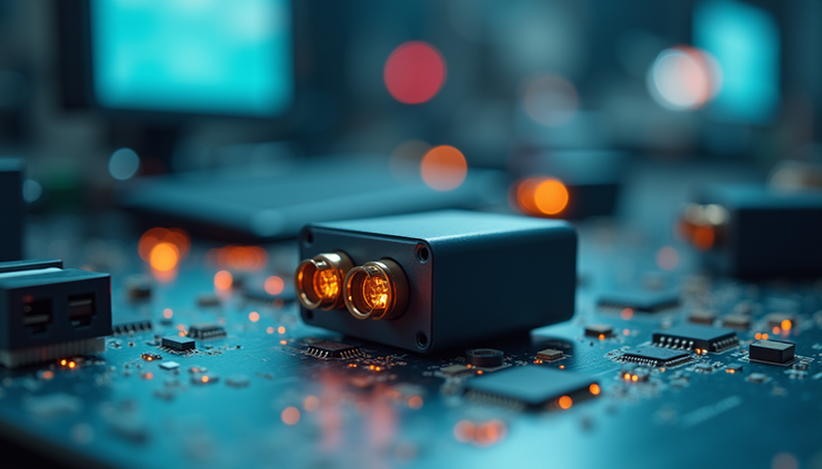 Eye-level view of modular connectors arranged on a test bench with thermal sensors attached