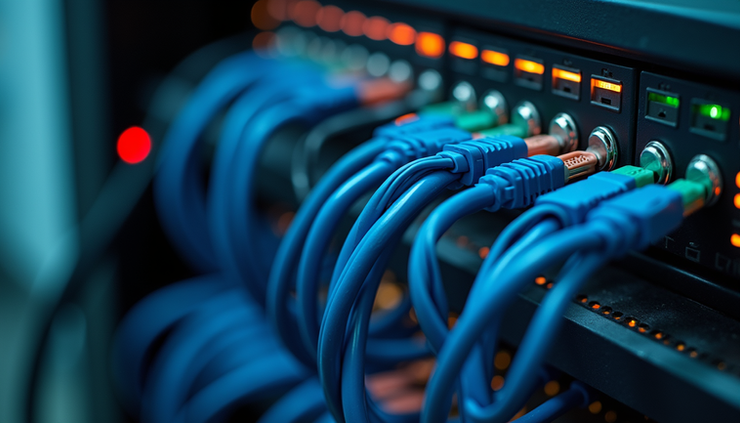 High angle view of modular connectivity panel with multiple cables connected