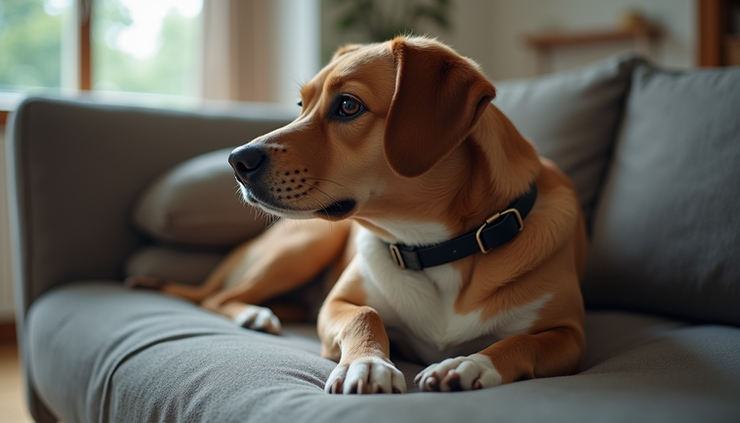 Eye-level view of a smart collar on a dog lying on a couch
