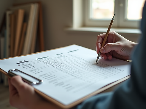 Professional painter meticulously outlining a project estimate on a clipboard with clear line items, soft natural daylight..png