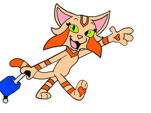 Orange and tan colour tabby cat pulling a blue suitcase behind her waving and smiling