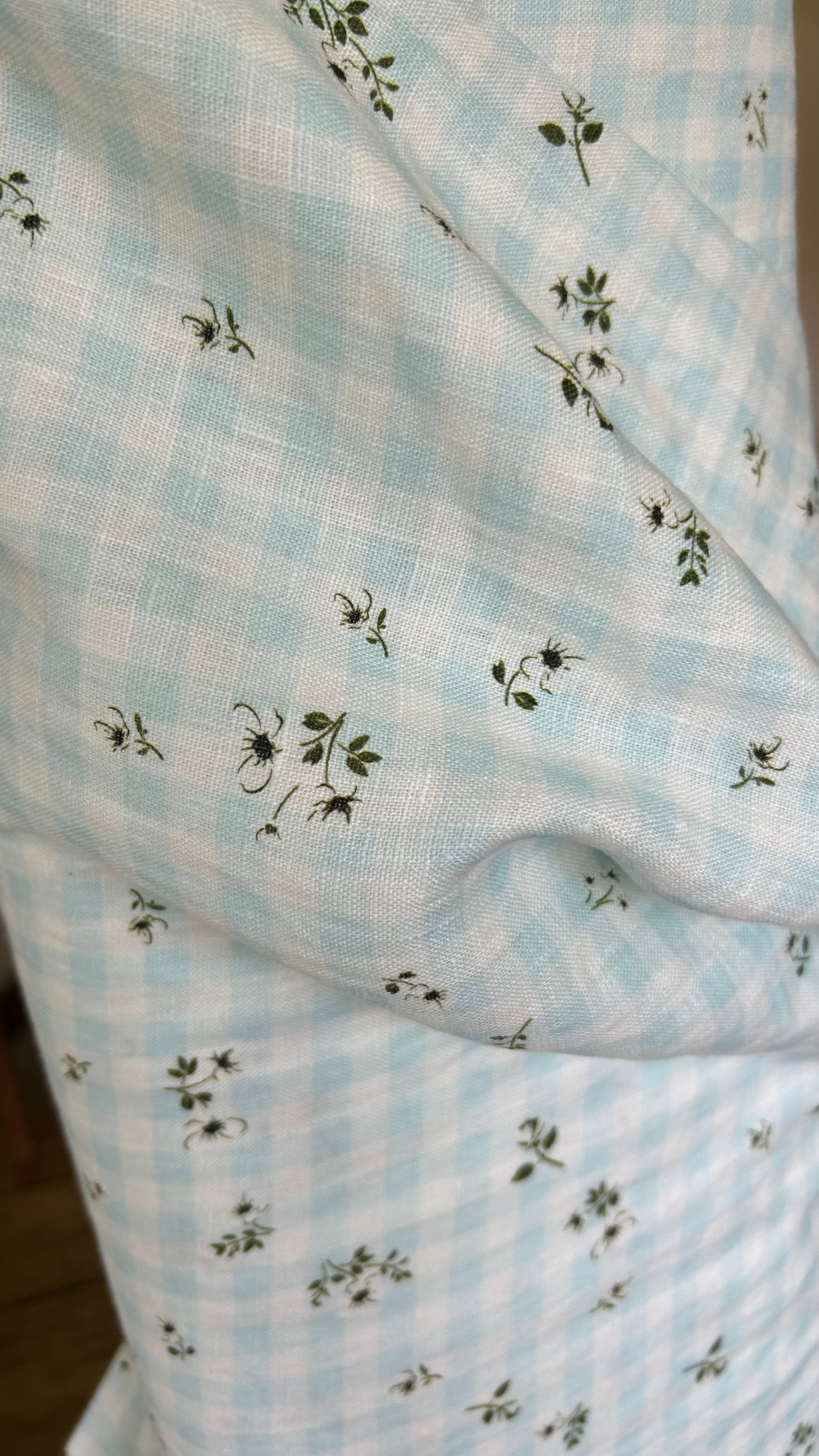 Blue check with flowers100% stone washed linen (sold by half yards)