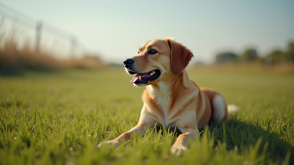 Eye-level view of a dog sitting obediently on a grassy field
