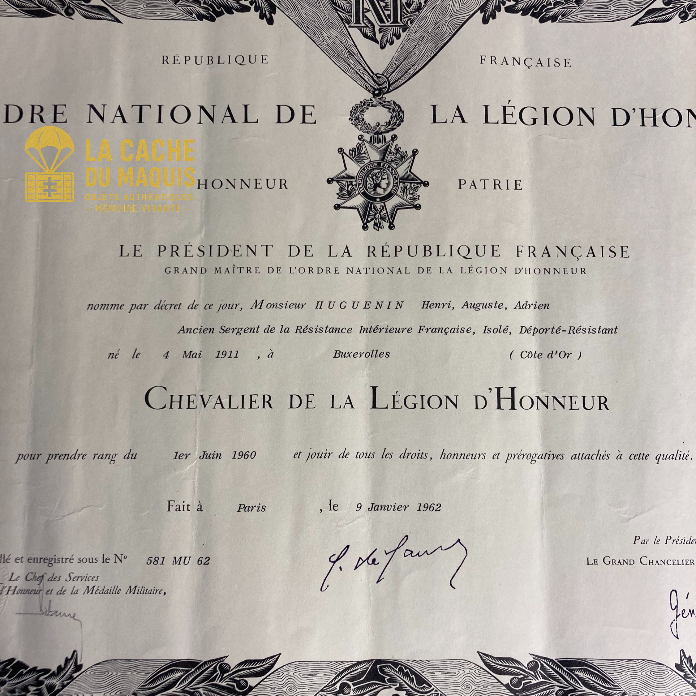 Diplôme Légion d'Honneur attribué à un Sergent Résistant Déporté