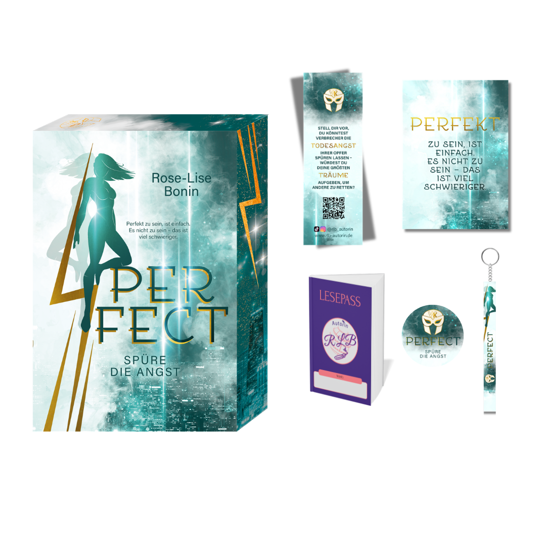 Mockup von Perfect – Spüre die Angst mit Farbschnitt und Goodies (Zitatkarte, Lesezeichen, Lesepass, Magnet, Anhänger)