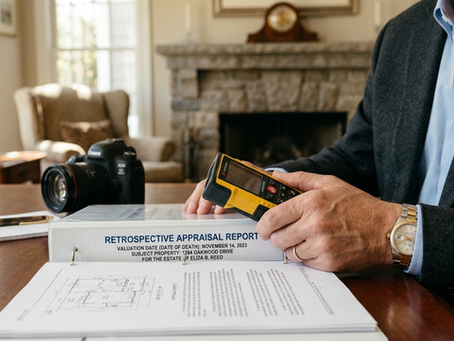 Professional real estate appraiser reviewing a retrospective appraisal report at a desk with measuring device, camera, and property documents.