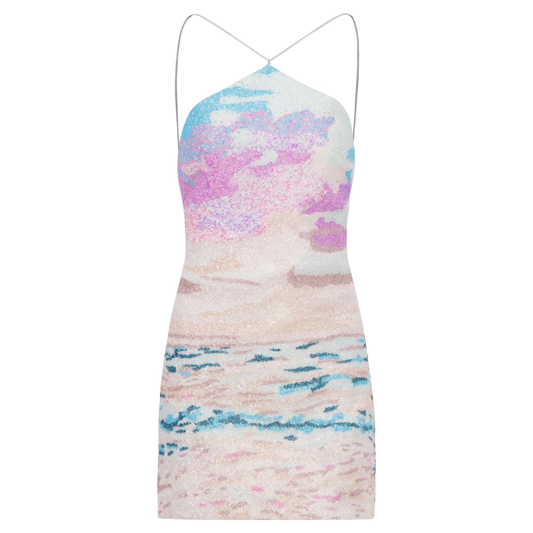 Designer beaded crystal mini halterneck dress front view