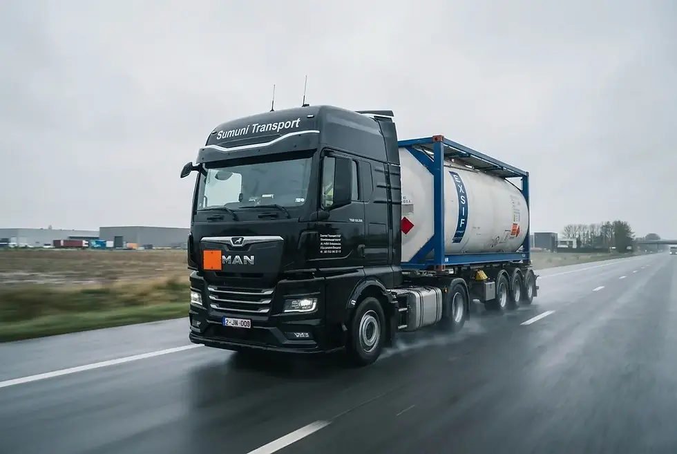 Zwarte MAN-vrachtwagen voor ADR transport in Antwerpen op een natte weg