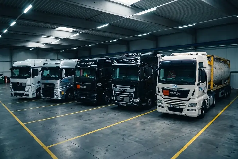 Vrachtwagens voor ADR transport in Antwerpen in een loods.