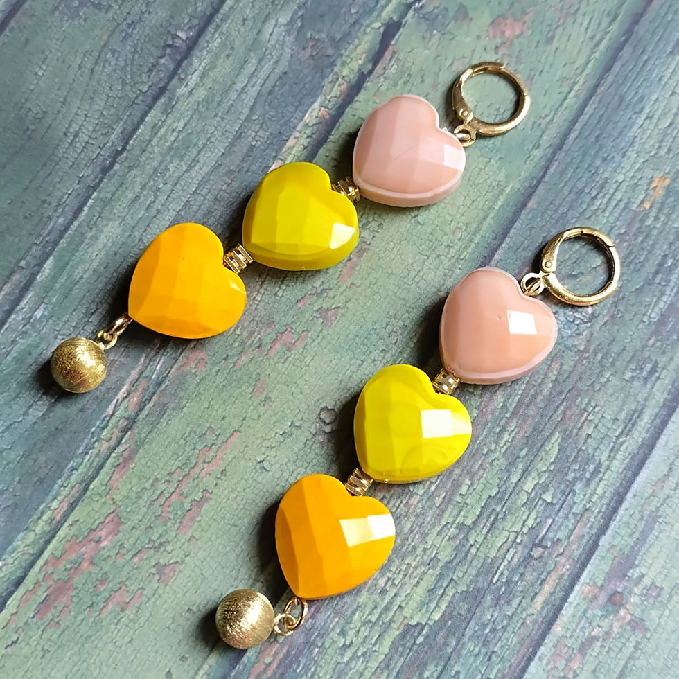 Thumbnail: Three Hearts of Glass earrings. Brass and Glass