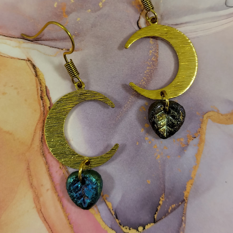 Thumbnail: Moon and Leaf earrings. Brass and Glass