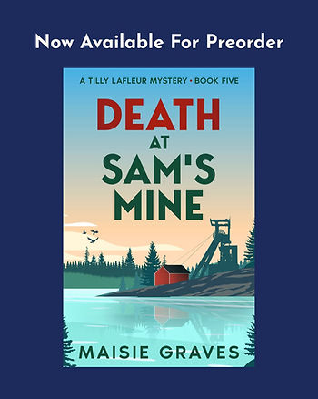 Cover of book 5 of the Tilly Lafleur Mysteries. An abandoned gold mine sits on the edge of a waterway with a boreal forest in the background while three crows fly nearby.