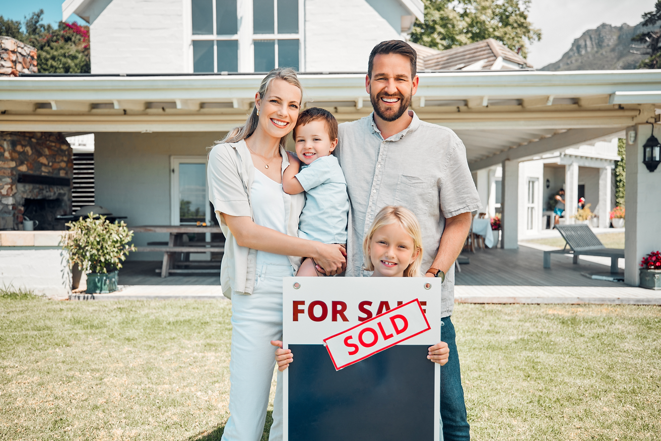 Ownership, parents and kids with house sale or sold poster with smile for real estate and 