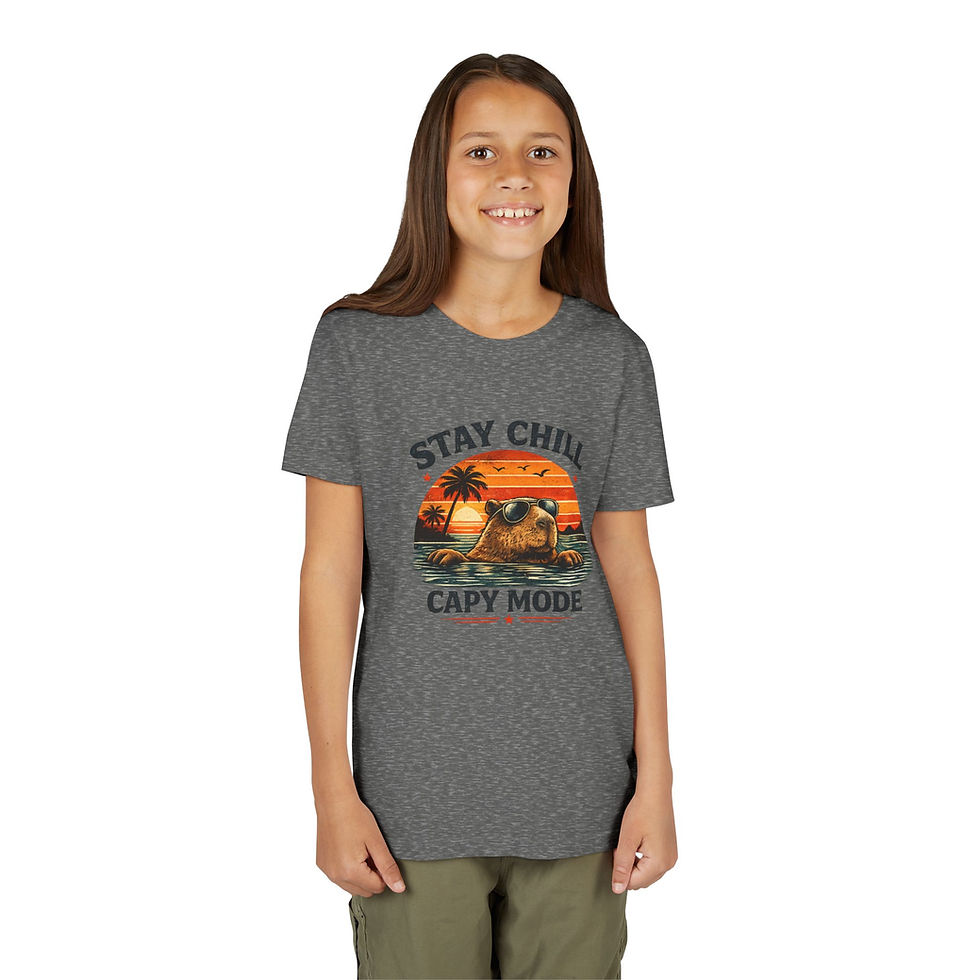 Thumbnail: Youth Tee — "Stay Chill Capy Mode" Retro Capybara Sunset Graphic