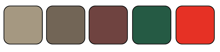 A color palette with light brown, dark brown, maroon, dark green, and bright red.