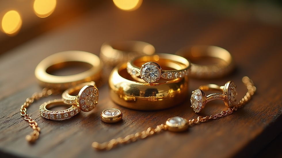 High angle view of various 14k gold jewelry pieces