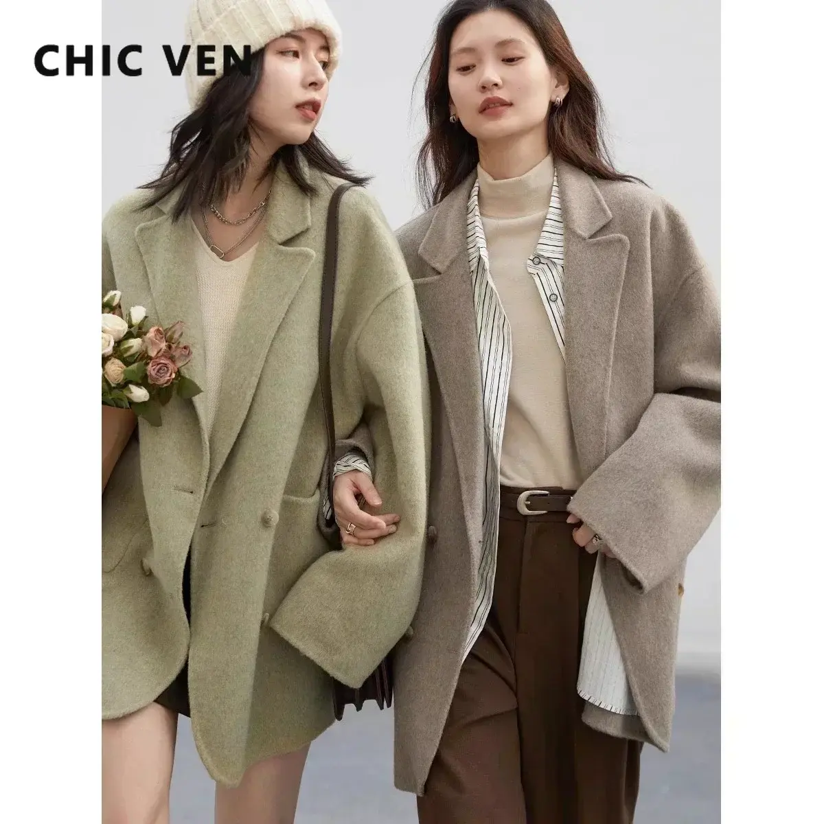 CHIC VEN Women's Woolen Coats Loose Casual Double Breasted Retro Double-sided Ja