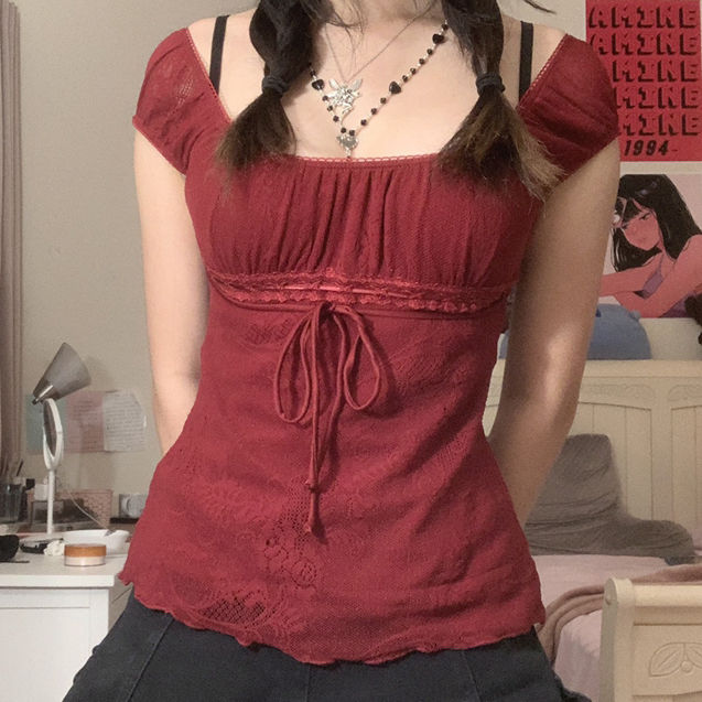 Thumbnail: Elegant Lady Square Collar T-shirt Kawaii Bow Short Sleeve Pullovers Tees Y2K Vi