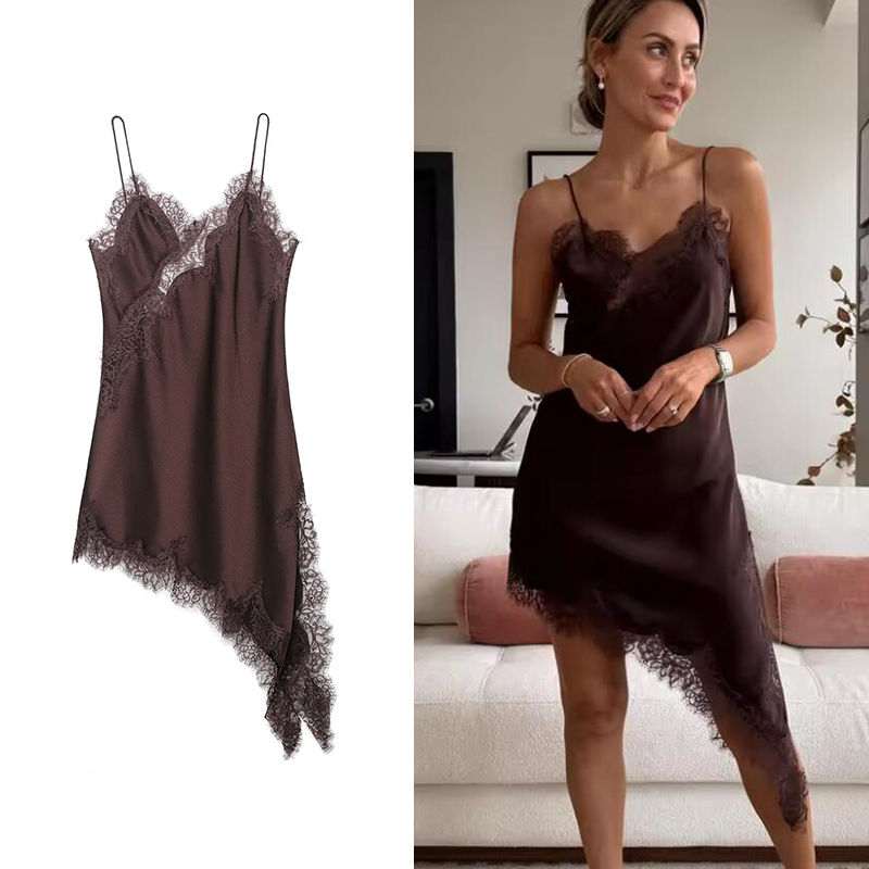 TFMLN Women Sexy Lace Splicing Dresses Summer Solid Sleeveless Asymmetry Dress B