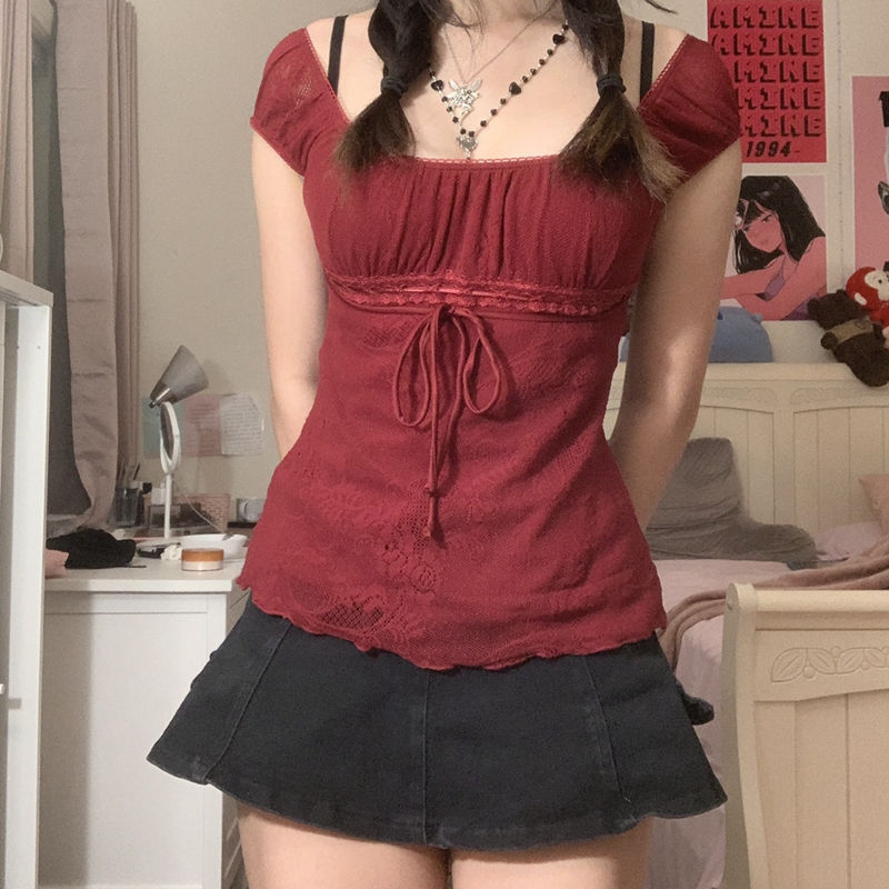 Thumbnail: Elegant Lady Square Collar T-shirt Kawaii Bow Short Sleeve Pullovers Tees Y2K Vi
