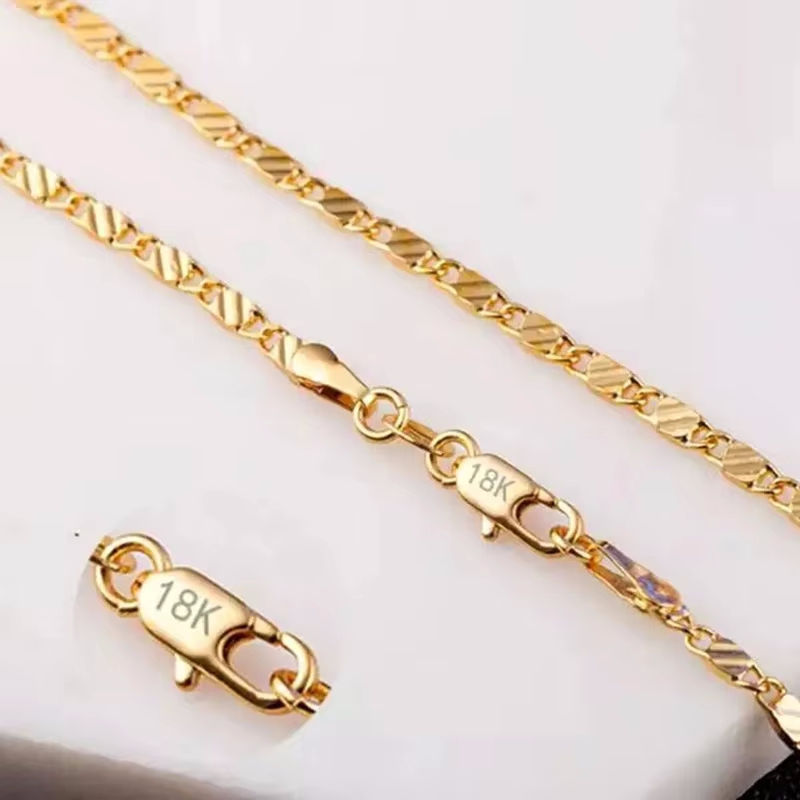 Fashion 18K Gold Necklace 2MM 16/18/20/22/24/26/28/30 Inch Side Chain Necklace F