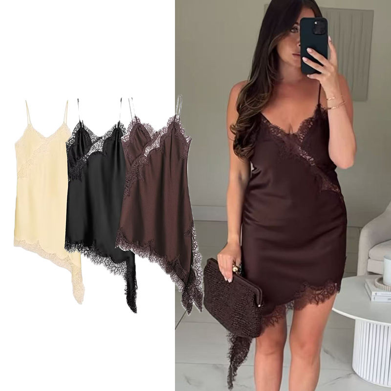 Thumbnail: TFMLN Women Sexy Lace Splicing Dresses Summer Solid Sleeveless Asymmetry Dress B