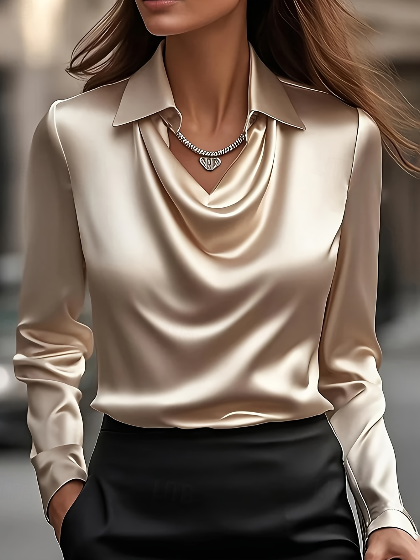 Spring and Autumn Plus-Size Long-Sleeved Satin Shirt, Round Neck with Pleated Dr