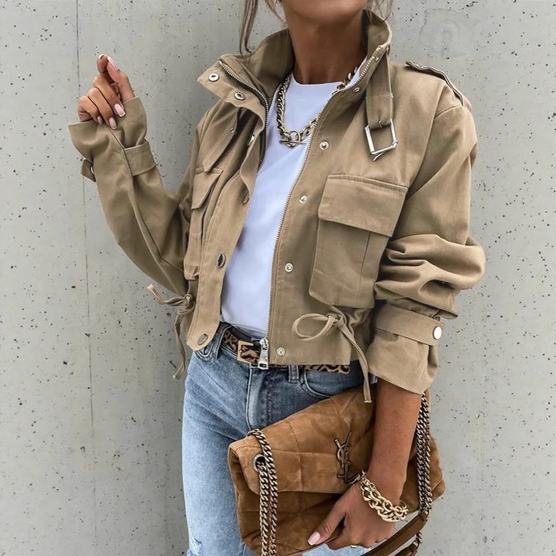 2026 New Arrival Women's Anorak Jacket Long Sleeve Button Down Crop Top with Adj