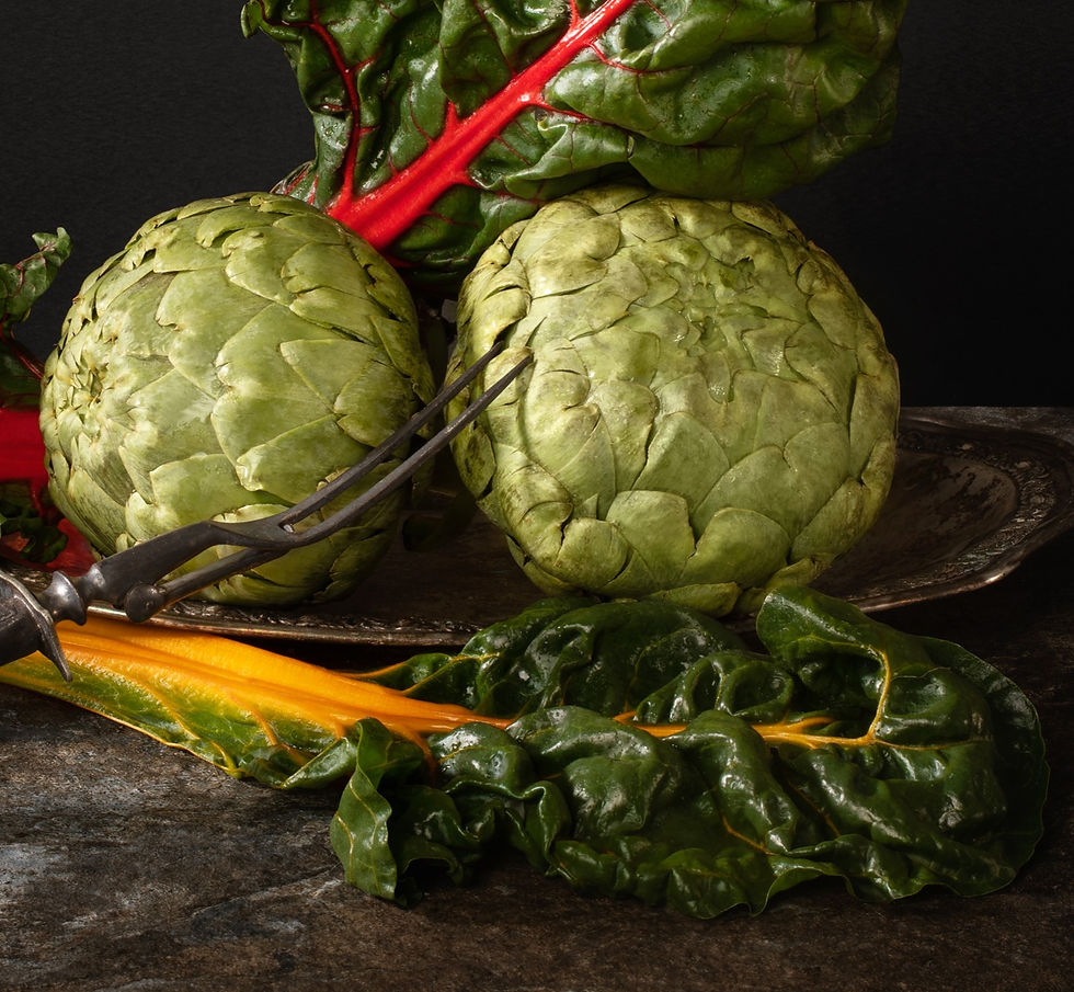 Thumbnail: Chard and Artichokes, 2021  From The Bodegones series   Giclee print on Hahnemuhle photo Rag Baryta paper  Limited Edition.