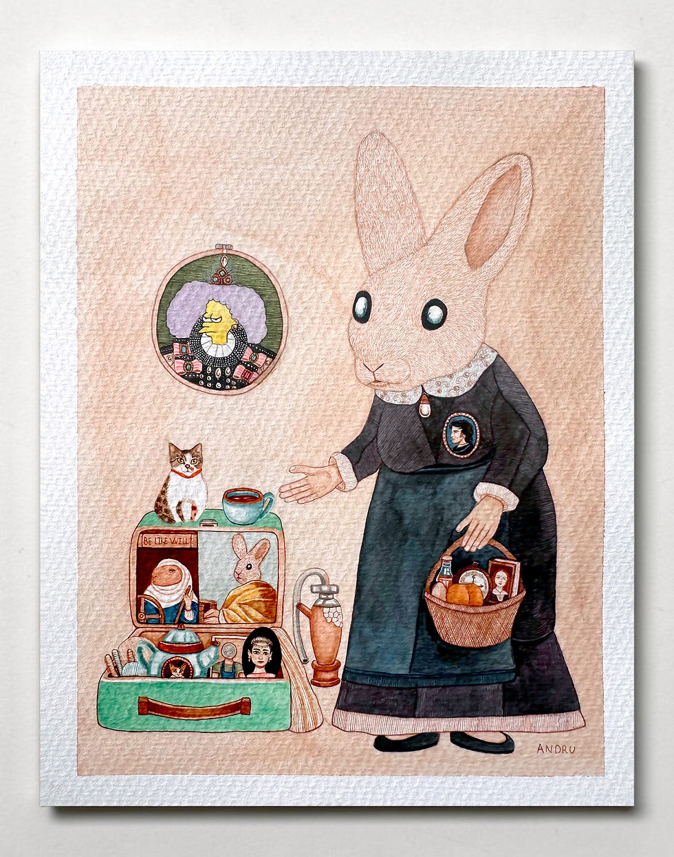 Watercolor Painting by Andru Suárez titled Serie Confessions 2026 featuring an anthropomorphic rabbit and valise.