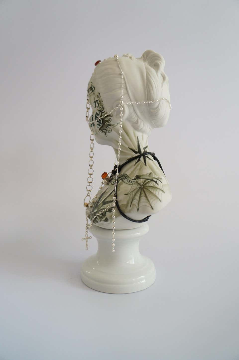 Thumbnail: Untitled #10 (female bust), 2016, sculpture, gold, silver, leather, and rose quartz by the artist