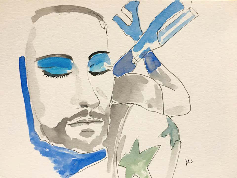 Marc's blue shadow, 2020 Manuel Santelices drawings works on paper fashion watercolors celebrities society design