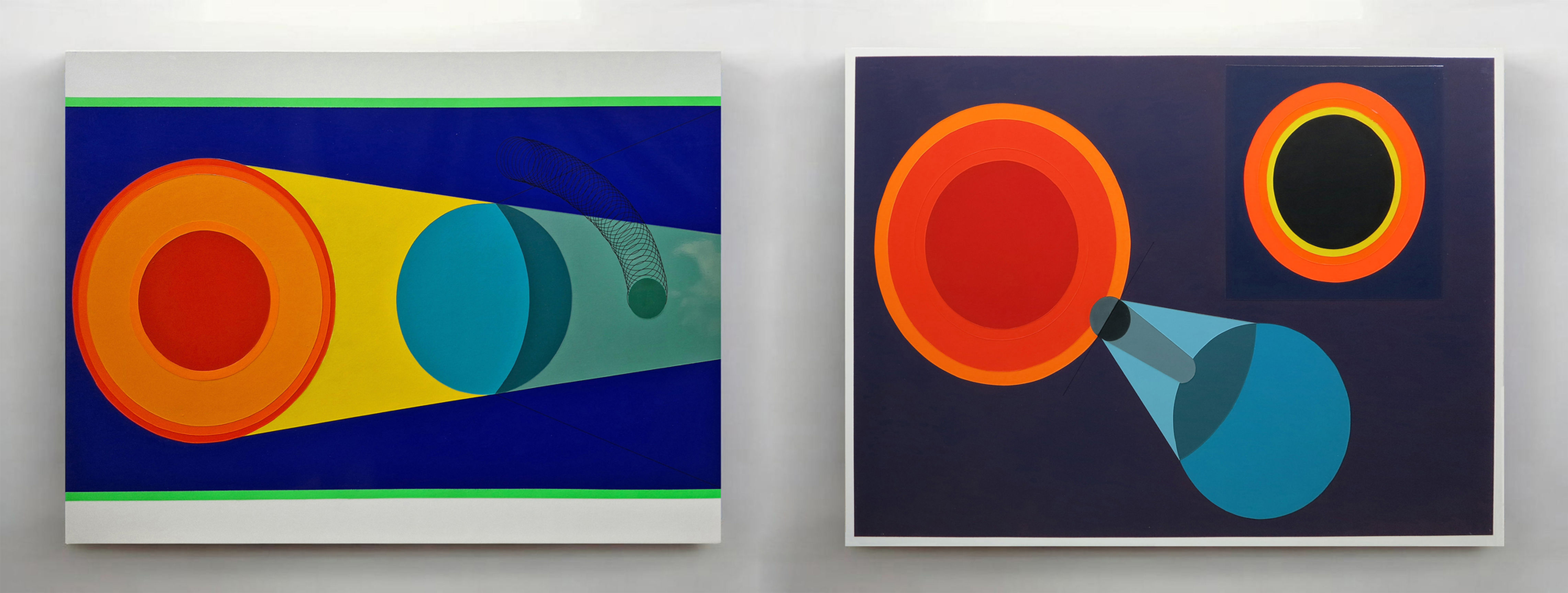 ORBITA #3 and #4 Diptych, 2019 From Thes series Orbita Acrylic painting, ink drawing, and resin coating on a wooden altarpi