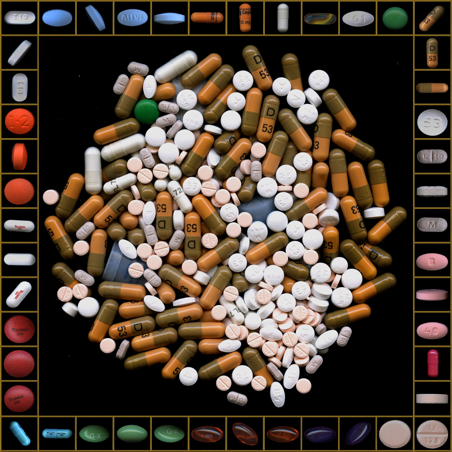 Big gold box of pills, 2021  From Whatever Hurts Series  Archival Pigment print