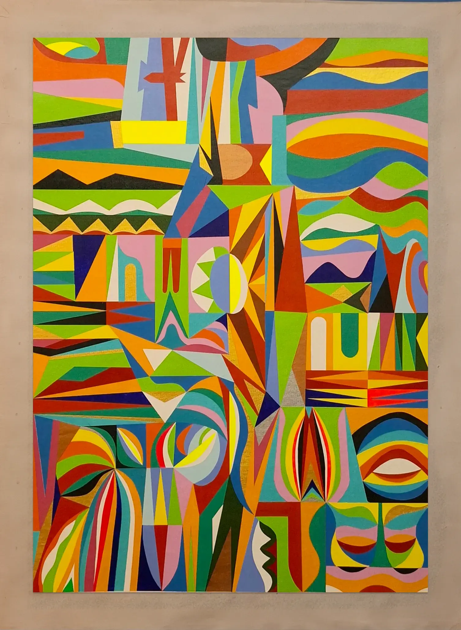 ALMO Acrylic on Canvas III detail showing layered geometric forms, curved motifs and vivid colors