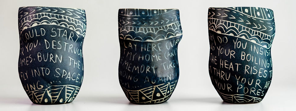 Porcelain Cup with Sgraffito Detailing Alex Hodge, design, sculpture, abstract, figurative, text