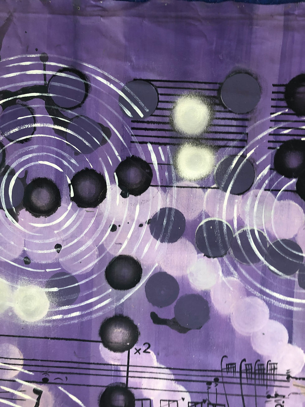Thumbnail: Detail of concentric circles, violet gradients, and musical notations on canvas abstract oil painting