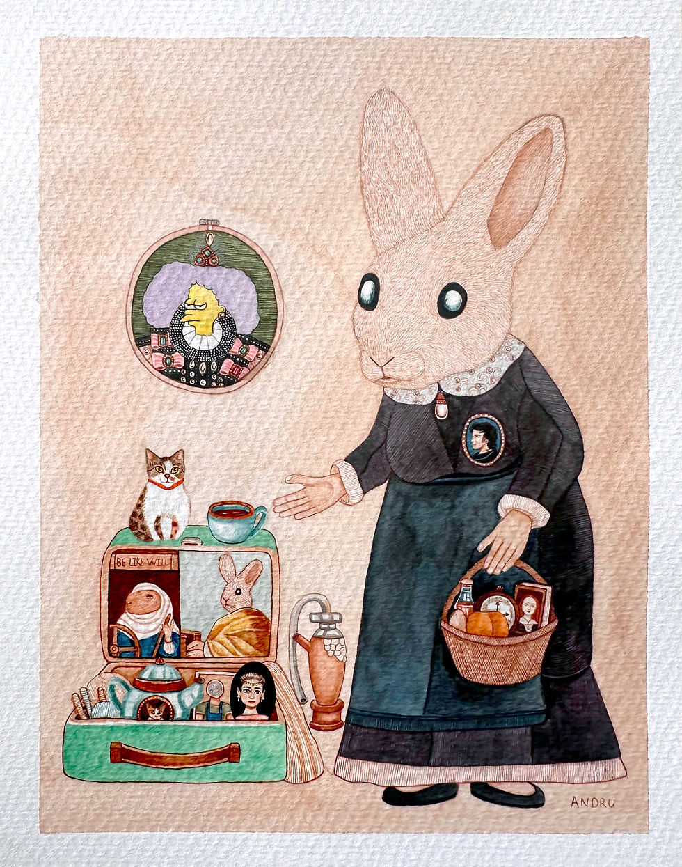 Thumbnail: Watercolor Painting by Andru Suárez titled Serie Confessions 2026 featuring an anthropomorphic rabbit and valise.