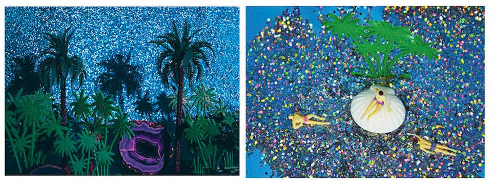 Thumbnail: Multiple geode islands with figurines and plants, installation staging detail