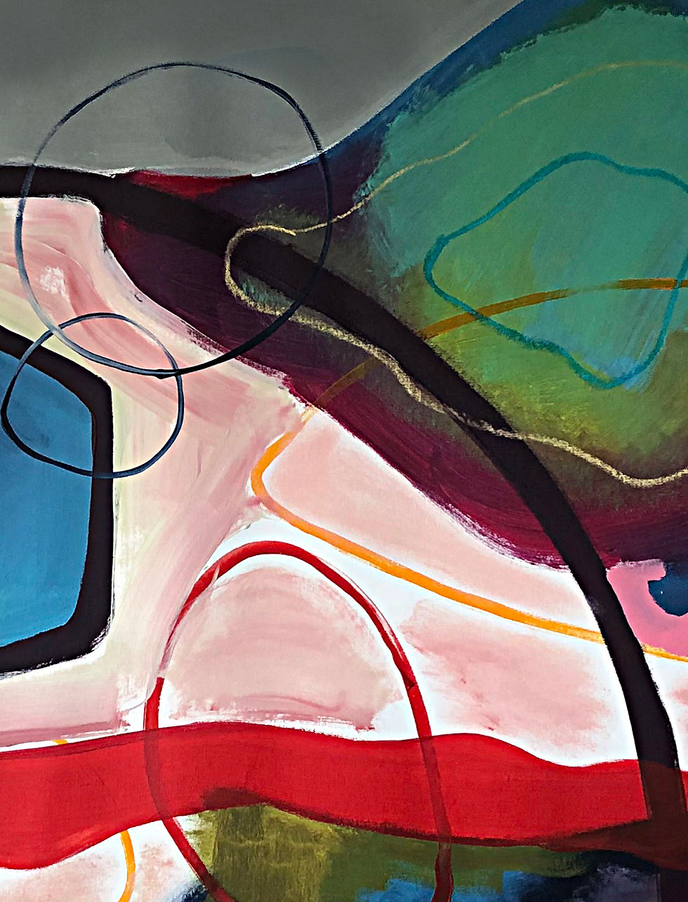 Thumbnail: Contemporary abstract painting Detail abstract mixed-media painting on an olive green background. It shows a central cluster