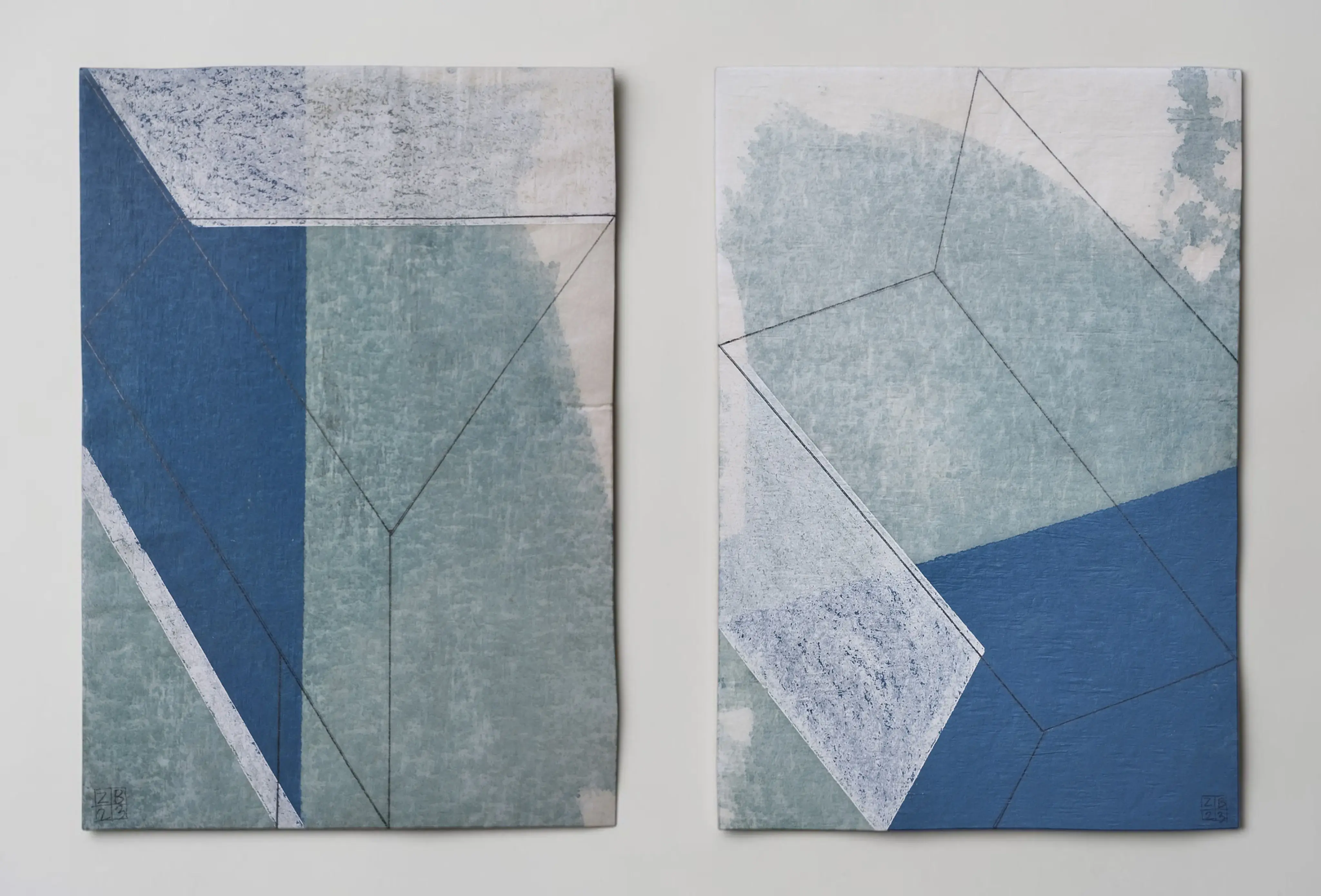 Contemporary paper diptych Blue Composition 7 & 8 by Bosiljka Zirojević on translucent paper with blue acrylic washes