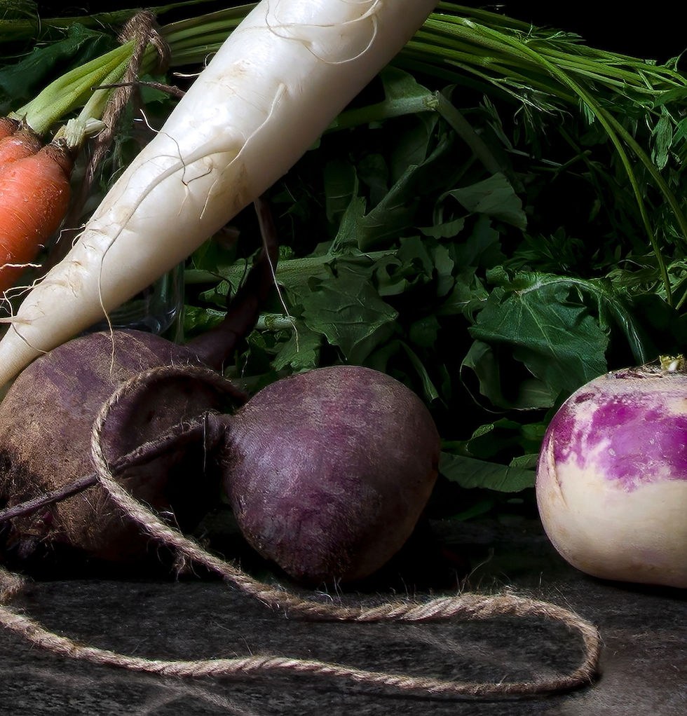 Thumbnail: Verduras con nabo y cebollas colgante I. From the bodegones series, Dora Franco, Still life, color Photography, contemporary