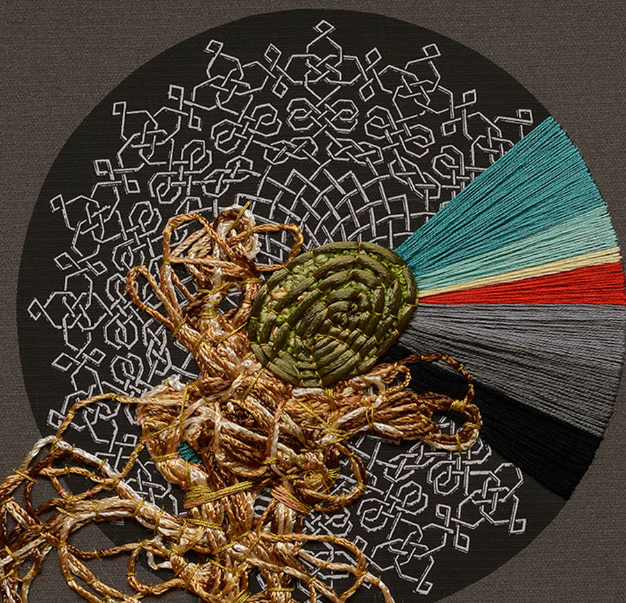Thumbnail: Hand Embroidery on printed cloth Ana Seggiaro geometric abstract mixed media textile art