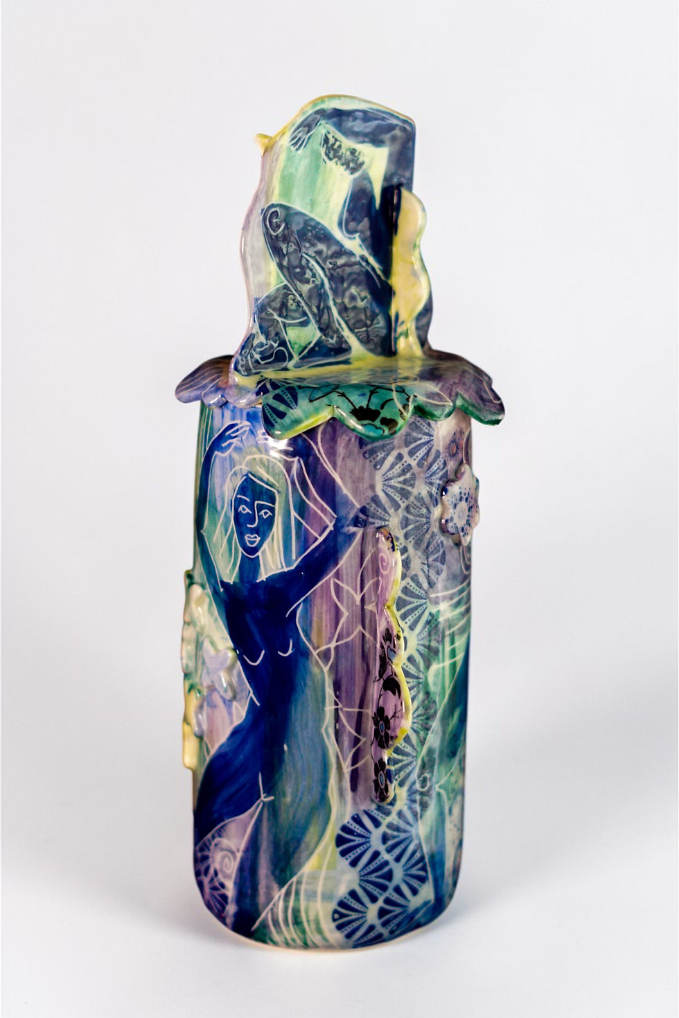 Thumbnail: Close-up of the glazed porcelain surface dark botanical transfers, fluid hand-etched sgraffito lines, green, blue and  purple