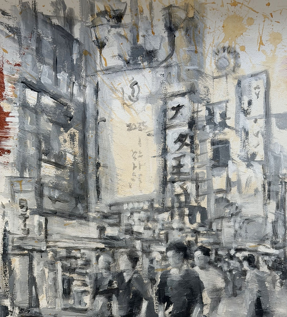 Close-up of ochre splatters, gestural greyscale brushstrokes, and fluid textures on heavy art paper.