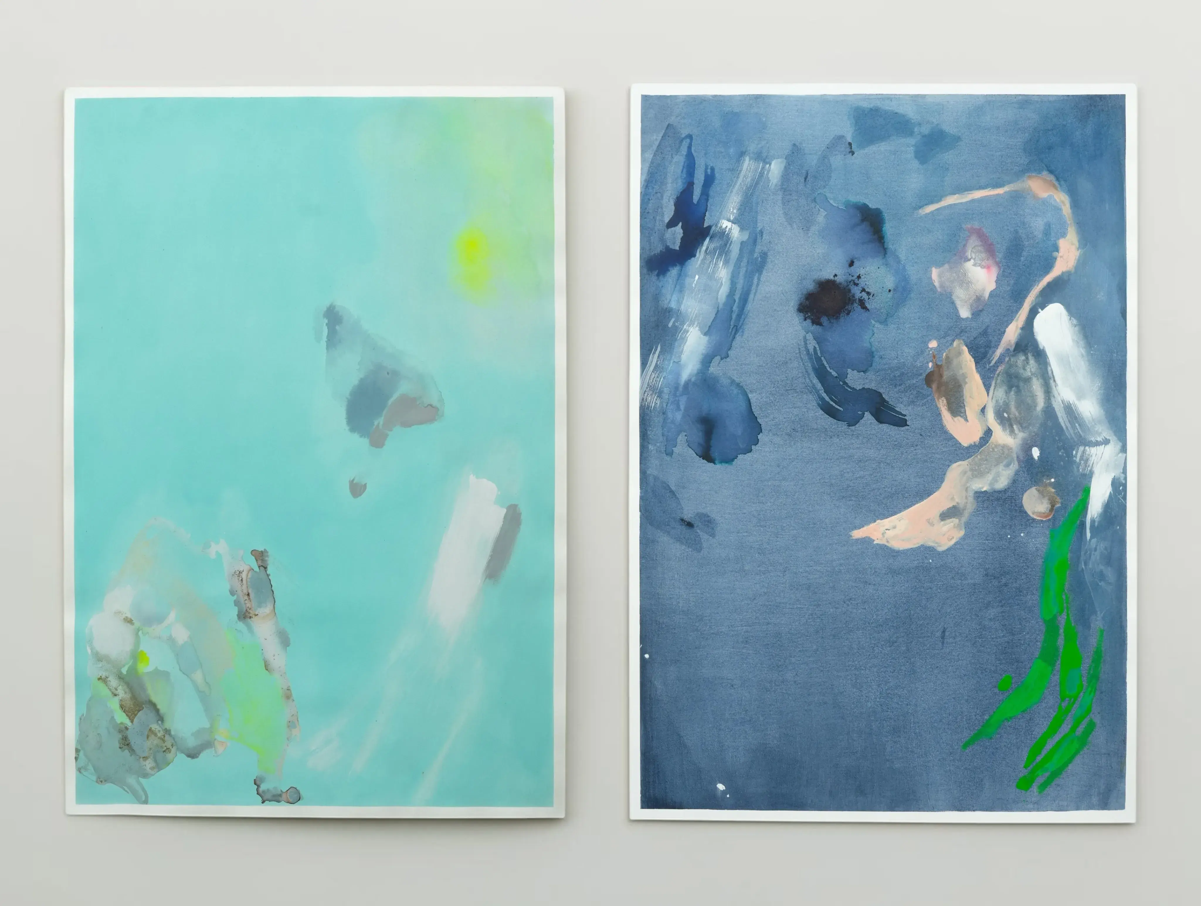 Abstract painting canvas diptych Intervals n25 and n26 by Rosario Briones featuring two side-by-side panels with aqua green