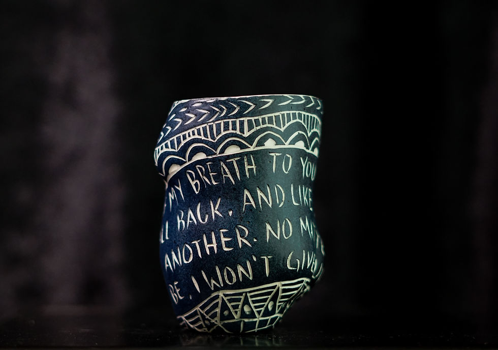Thumbnail: Porcelain Cup with Sgraffito Detailing_Alex Hodge, design, sculpture, abstract, figurative, text